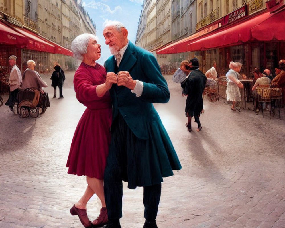 Elderly couple dances in cobblestone street surrounded by outdoor cafés and people