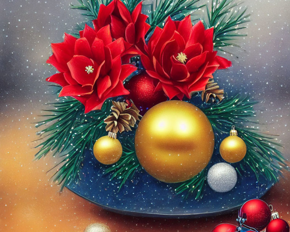 Christmas Composition with Red Flowers, Green Pine, & Ornaments on Snowy Background