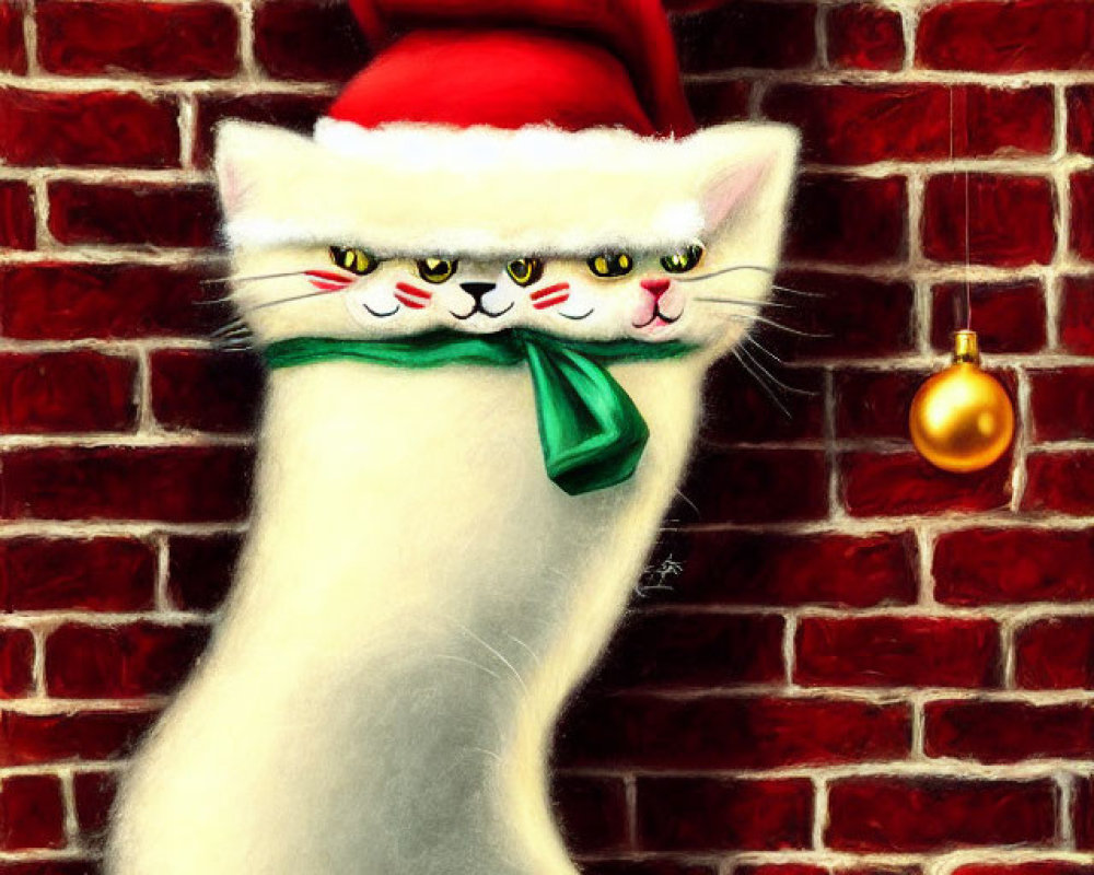 White Cats in Santa Hats Christmas Stocking with Red Brick Wall Background