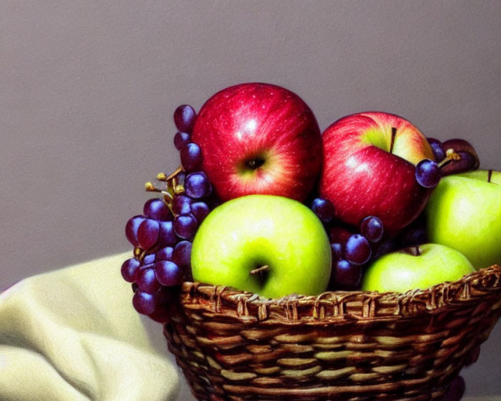 Classic still life painting with wicker basket, apples, grapes, and draped cloth