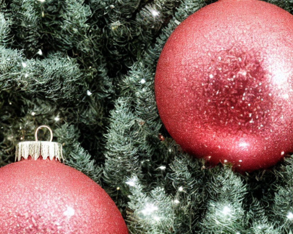 Frosty Green Fir Tree Decorated with Red Christmas Baubles