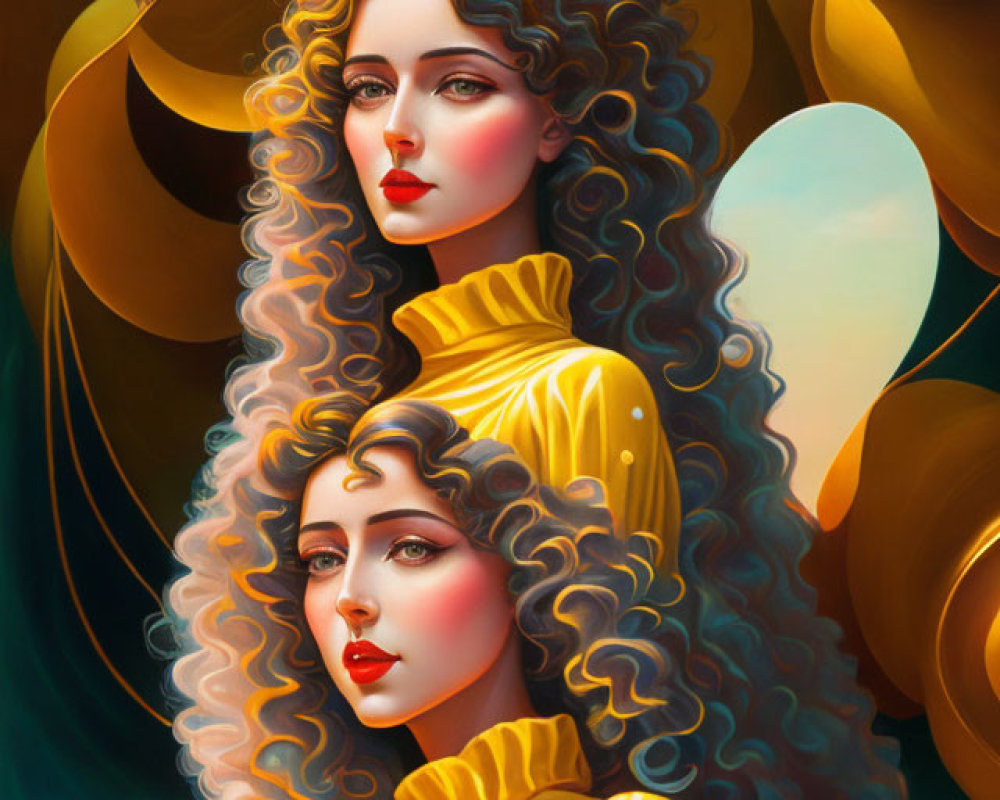 Woman with Long Curly Hair and Mirrored Face Illustration on Abstract Background