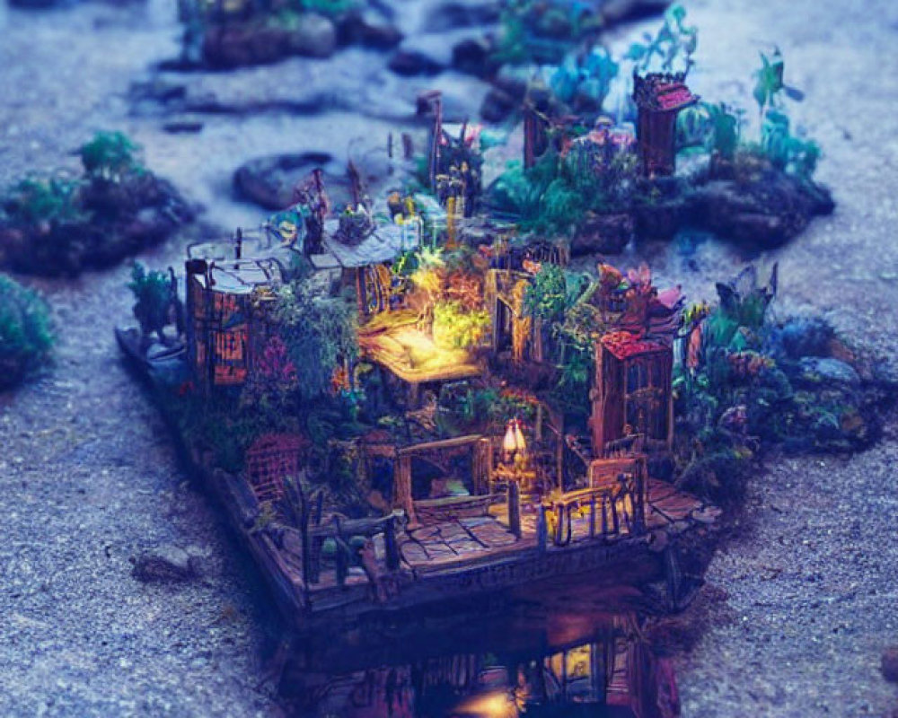 Miniature illuminated rustic floating house in serene natural setting