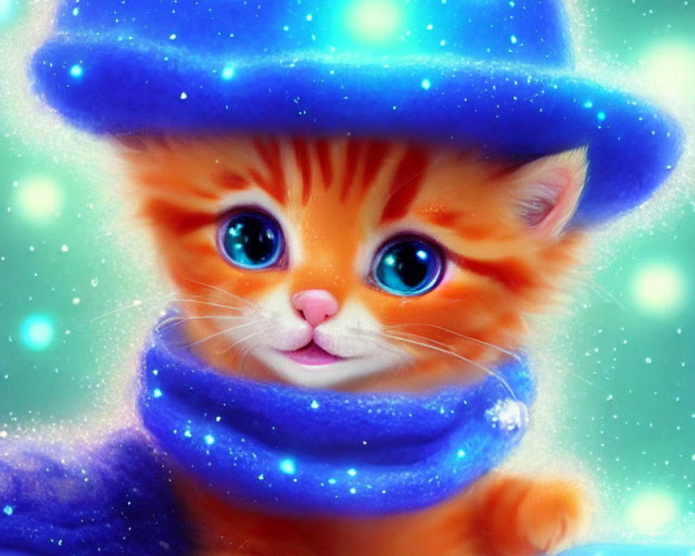 Orange kitten with blue eyes in blue hat and scarf on starry background