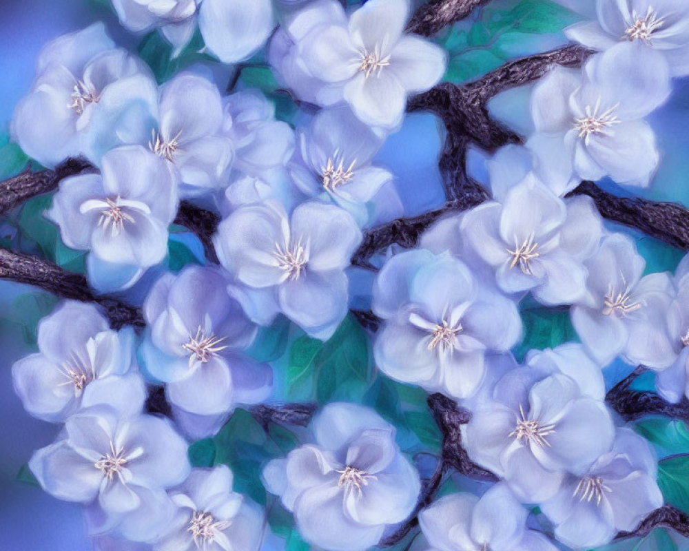 Digital painting of delicate blue flowers on branch with green leaves against textured blue background