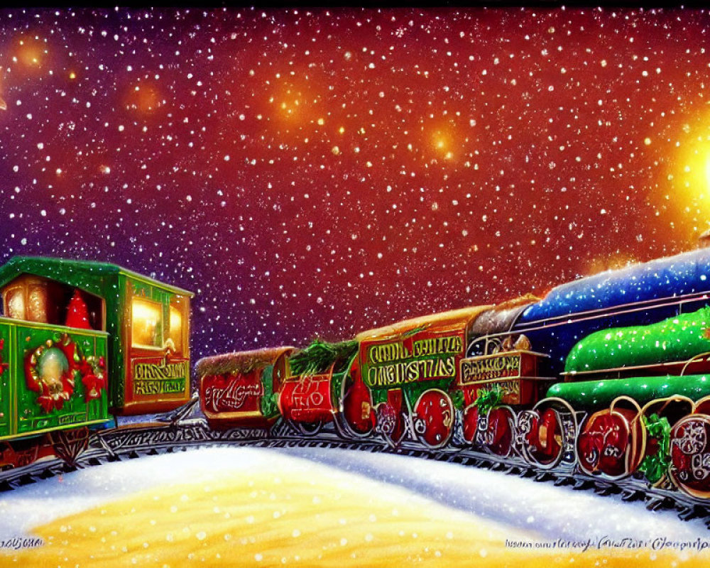 Festive Christmas train illustration under starry night sky