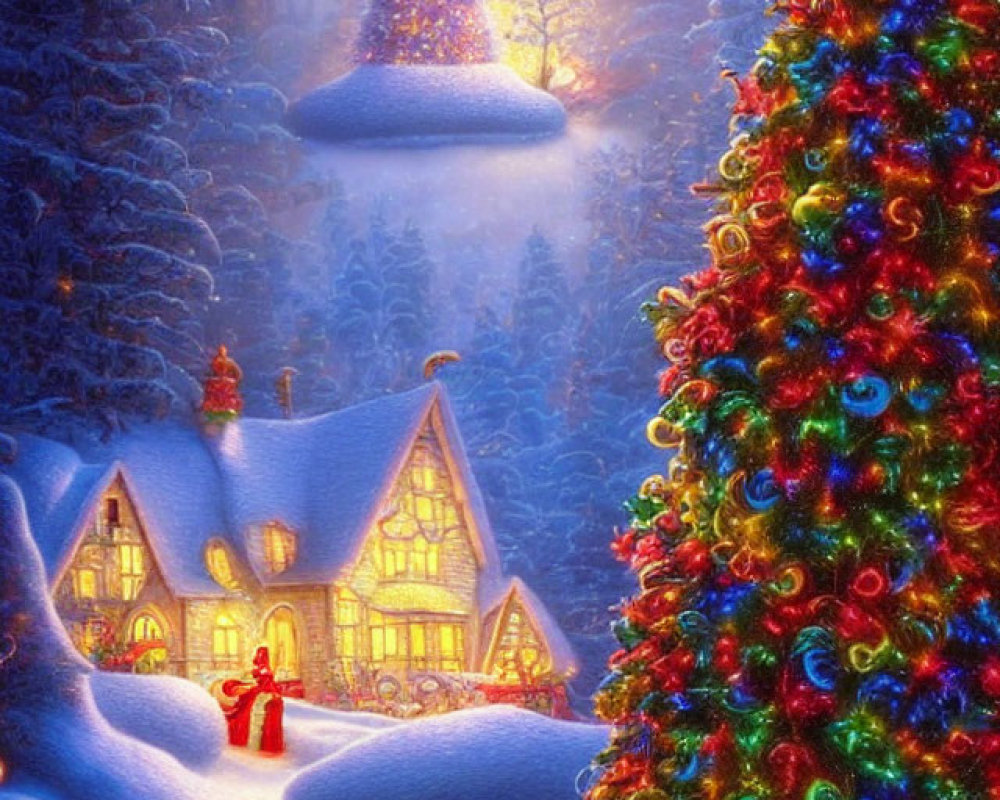 Winter scene with Christmas tree, snow-covered cottage, lanterns, and floating tree.