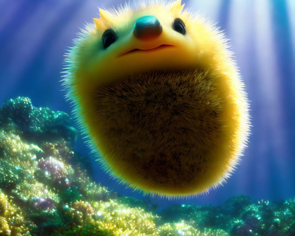 Fluffy yellow creature with horn-like protrusions above colorful coral reef