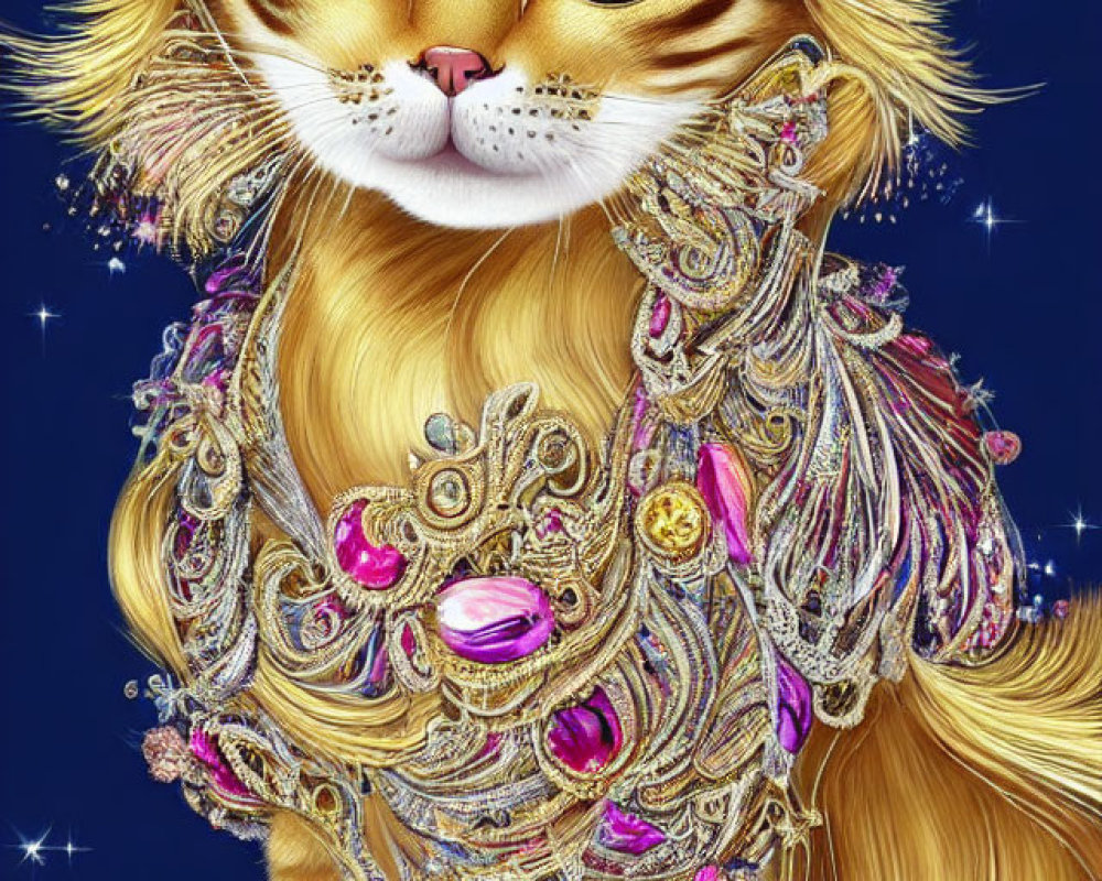 Majestic golden cat with jeweled necklace and headdress on starry night sky