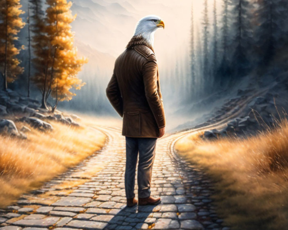 Eagle-headed figure on cobblestone path in misty autumn forest