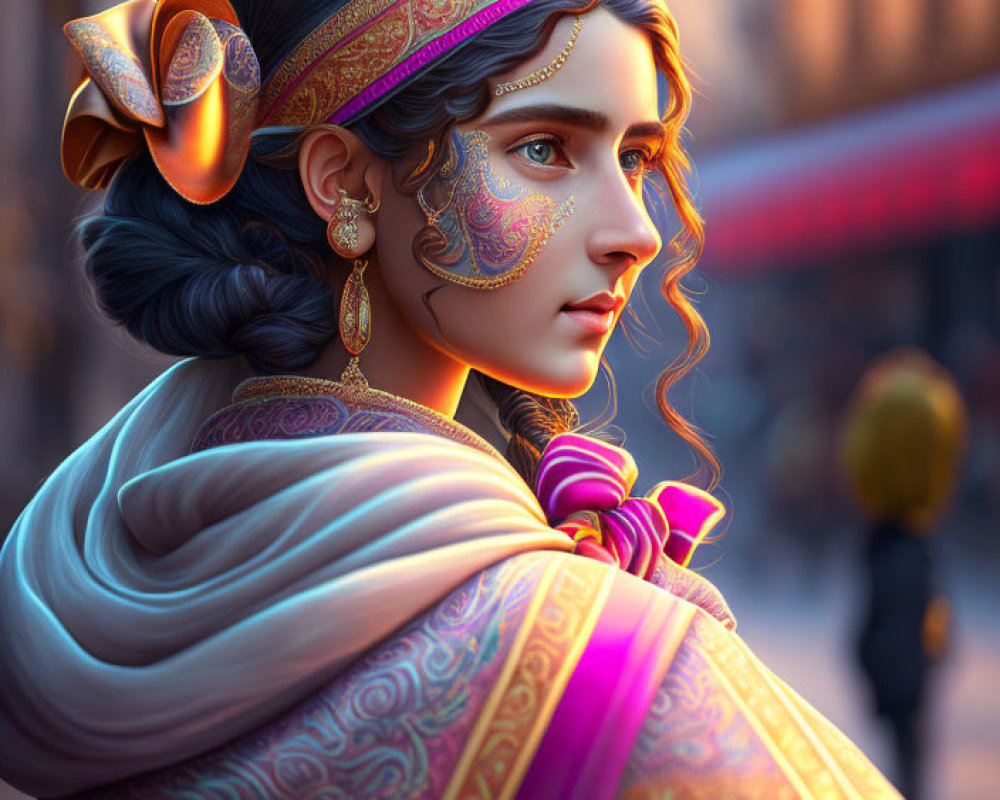 Elaborately Decorated Woman with Face Paint & Headband, Sunlit Streets