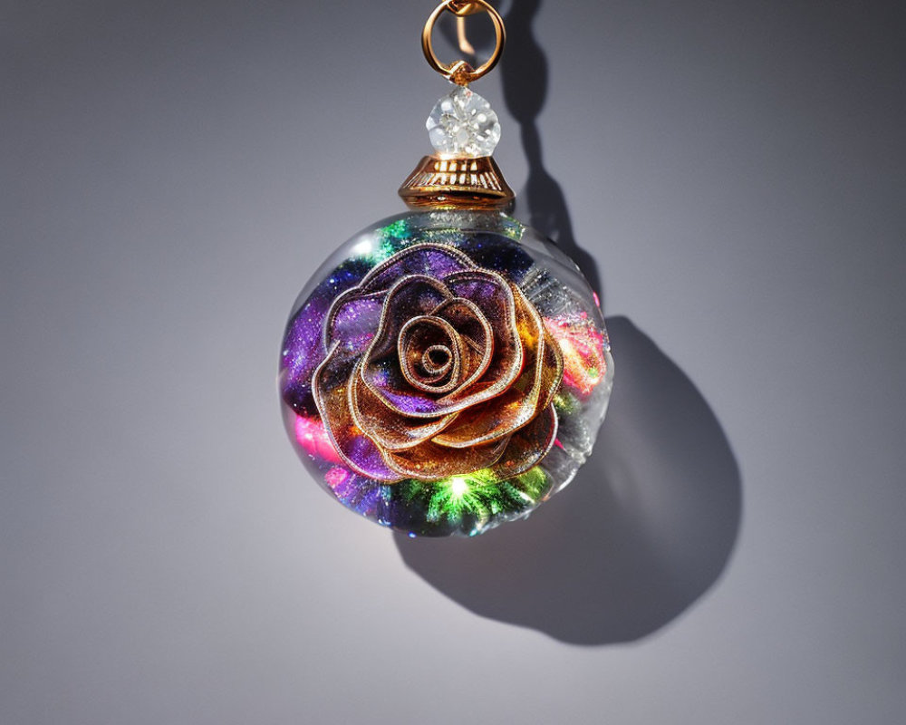 Glass pendant with rose in cosmic galaxy design on grey background