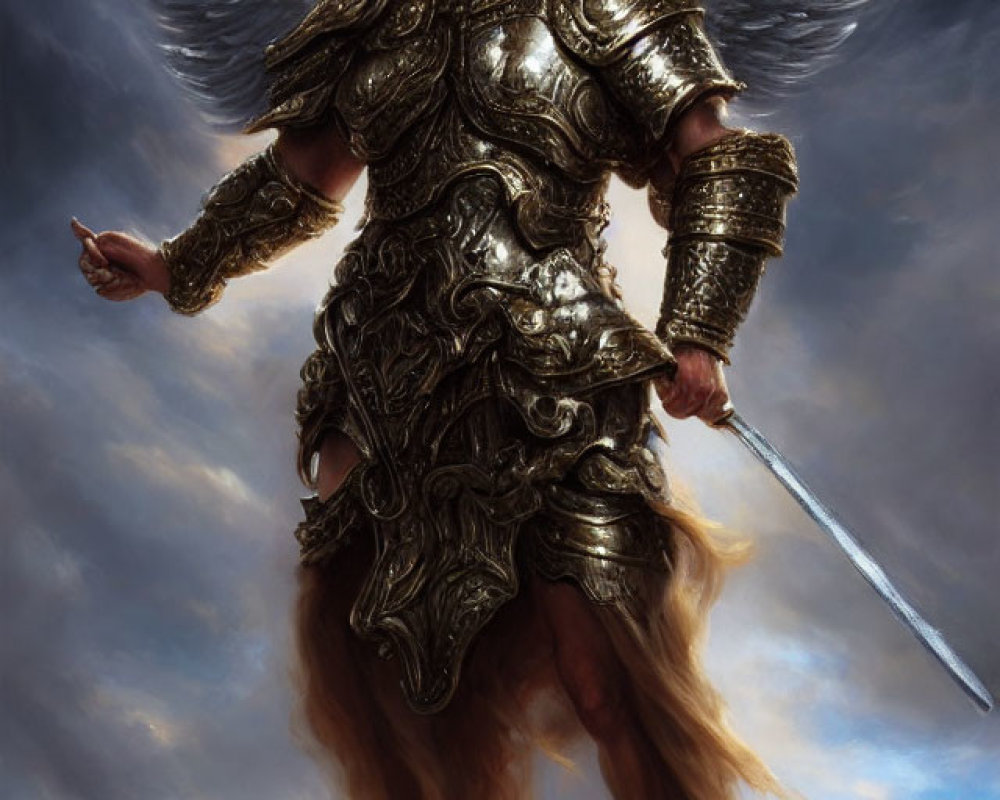 Majestic winged warrior in ornate armor with sword, against cloudy background