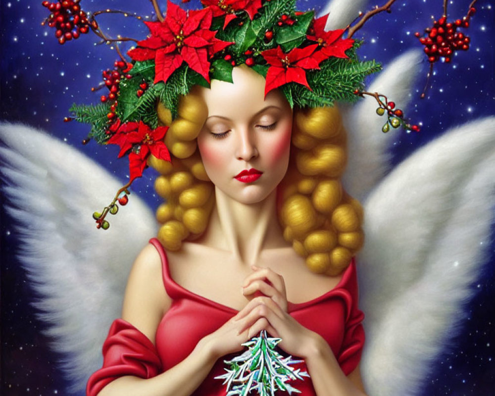 Golden-haired angel in red dress with holly wreath and snowflake on starry background