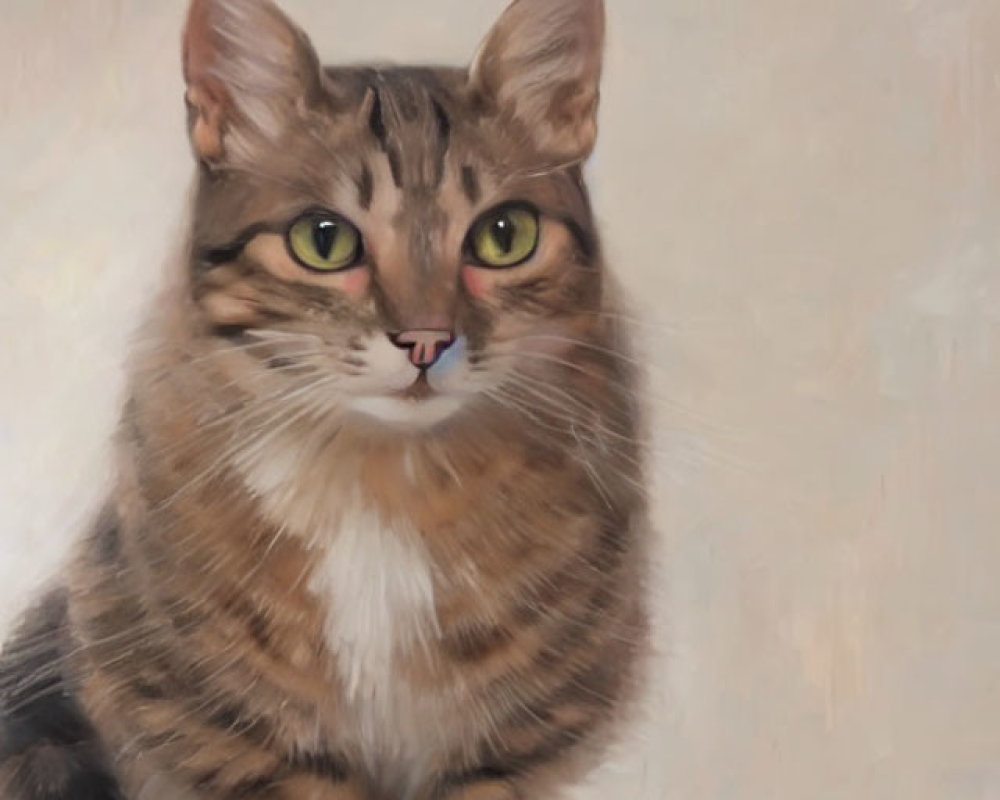 Detailed Painting of Brown Tabby Cat with Green Eyes and White Markings