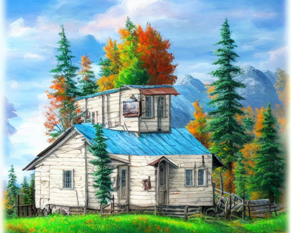 White Wooden House with Blue Roof Amidst Autumn Trees