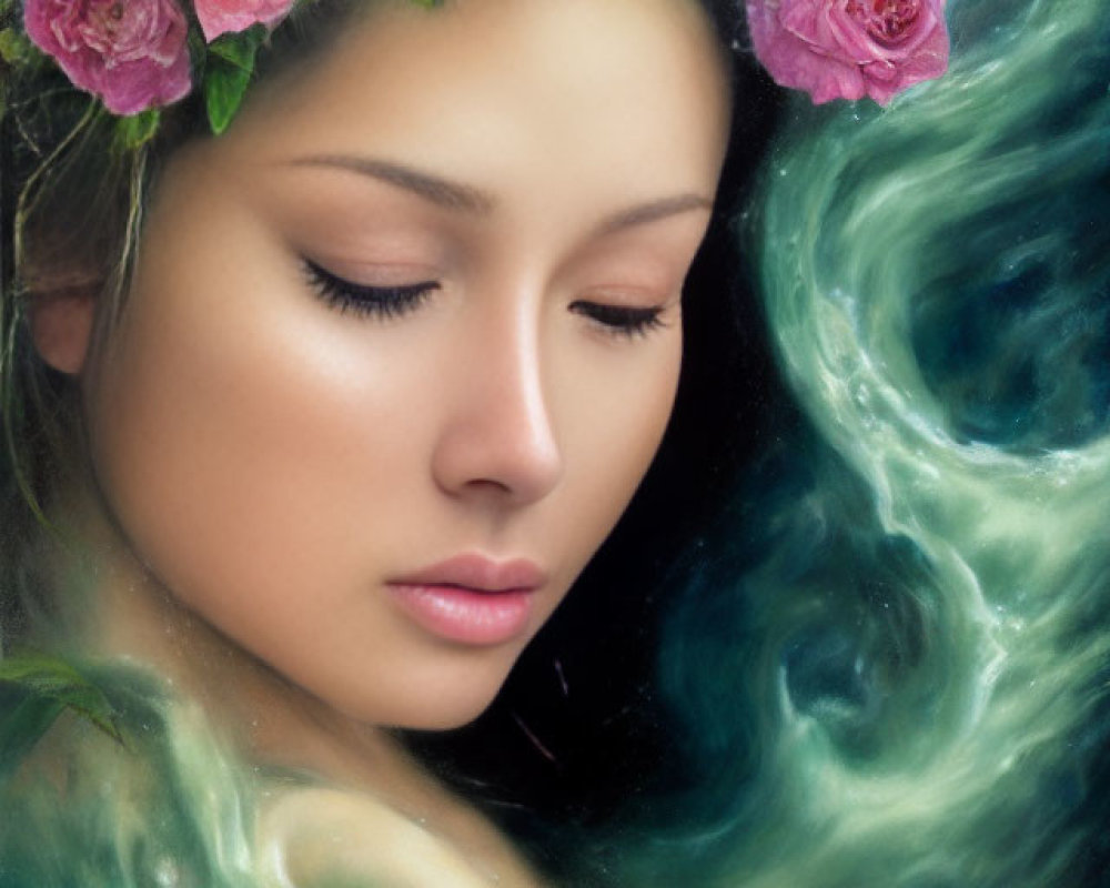 Woman with floral wreath in galaxy backdrop and floating roses.