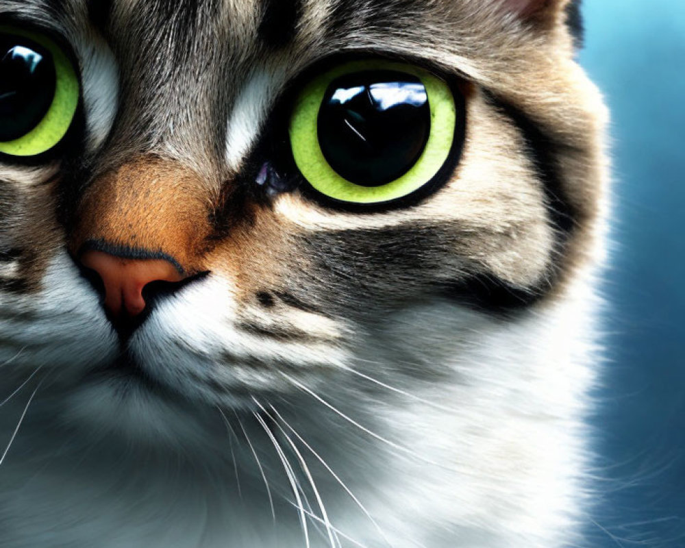 Striking green-eyed cat with fluffy fur and tabby markings on blue background