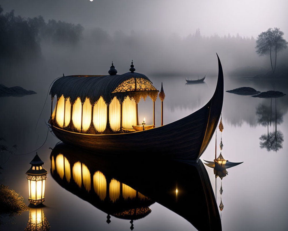 Ornate boat with glowing lanterns on tranquil lake under crescent moon