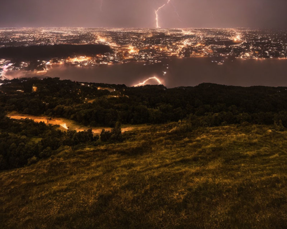 Dramatic nighttime cityscape with lightning strikes