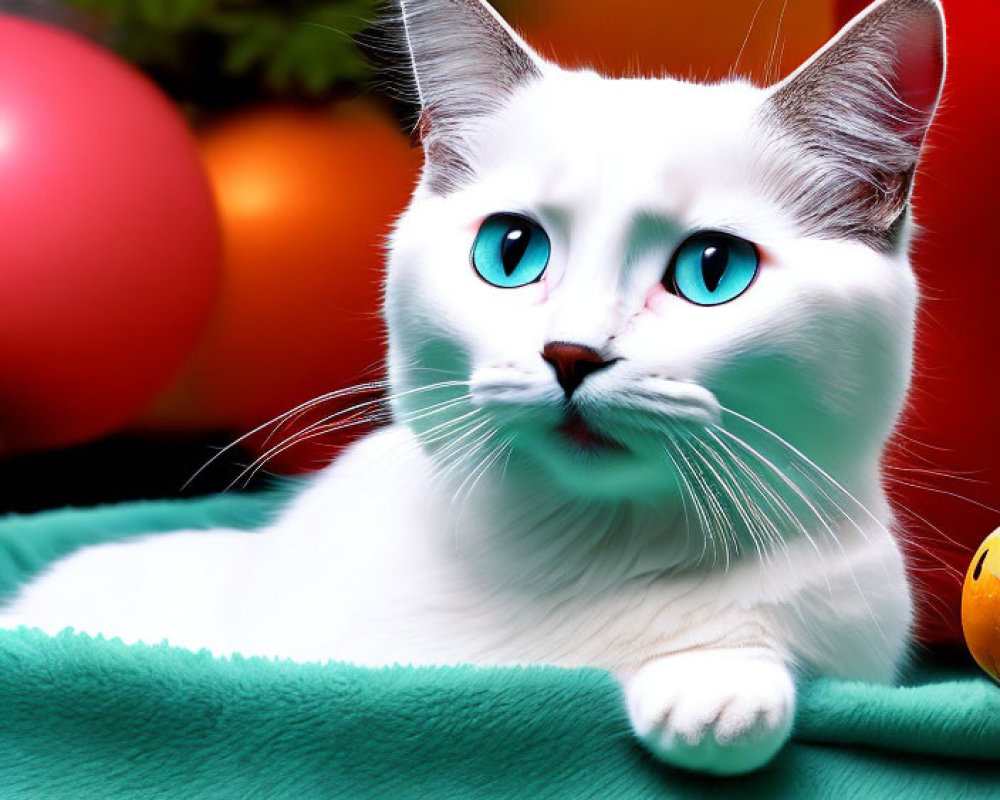 White Cat with Blue Eyes on Teal Blanket with Balloons and Foliage