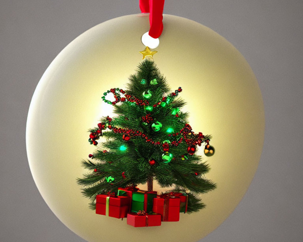 Shiny golden Christmas ornament with tree and gifts design