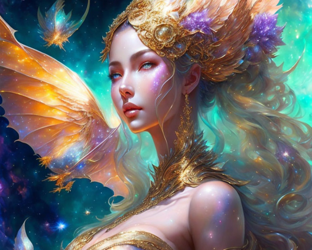 Portrait of Woman in Golden Armor with Luminous Wings and Cosmic Backdrop