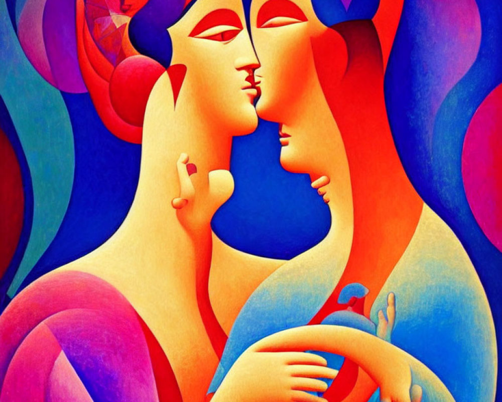 Colorful Abstract Artwork: Intertwined Figures in Embrace