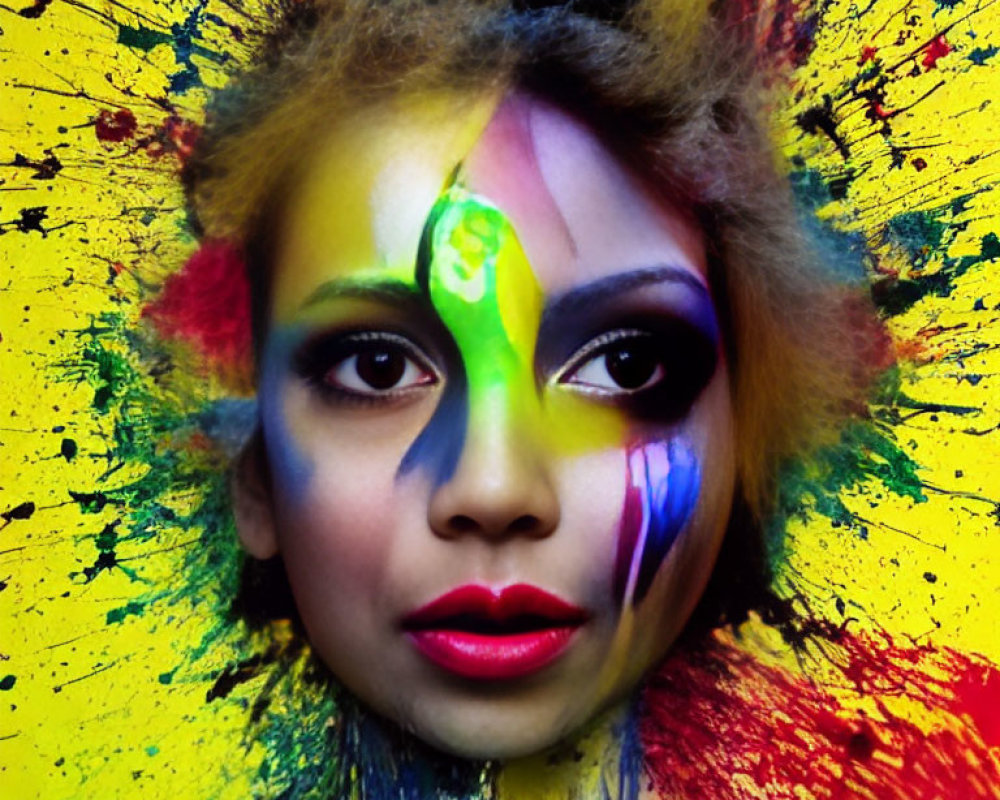 Colorful Abstract Portrait with Vibrant Face Paint on Woman