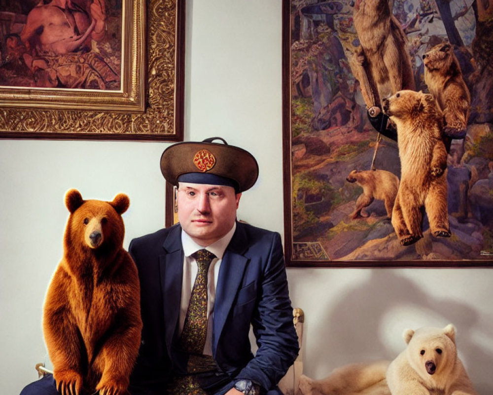 Man in suit with bear painting, seated brown bear, and polar bear cub in image.