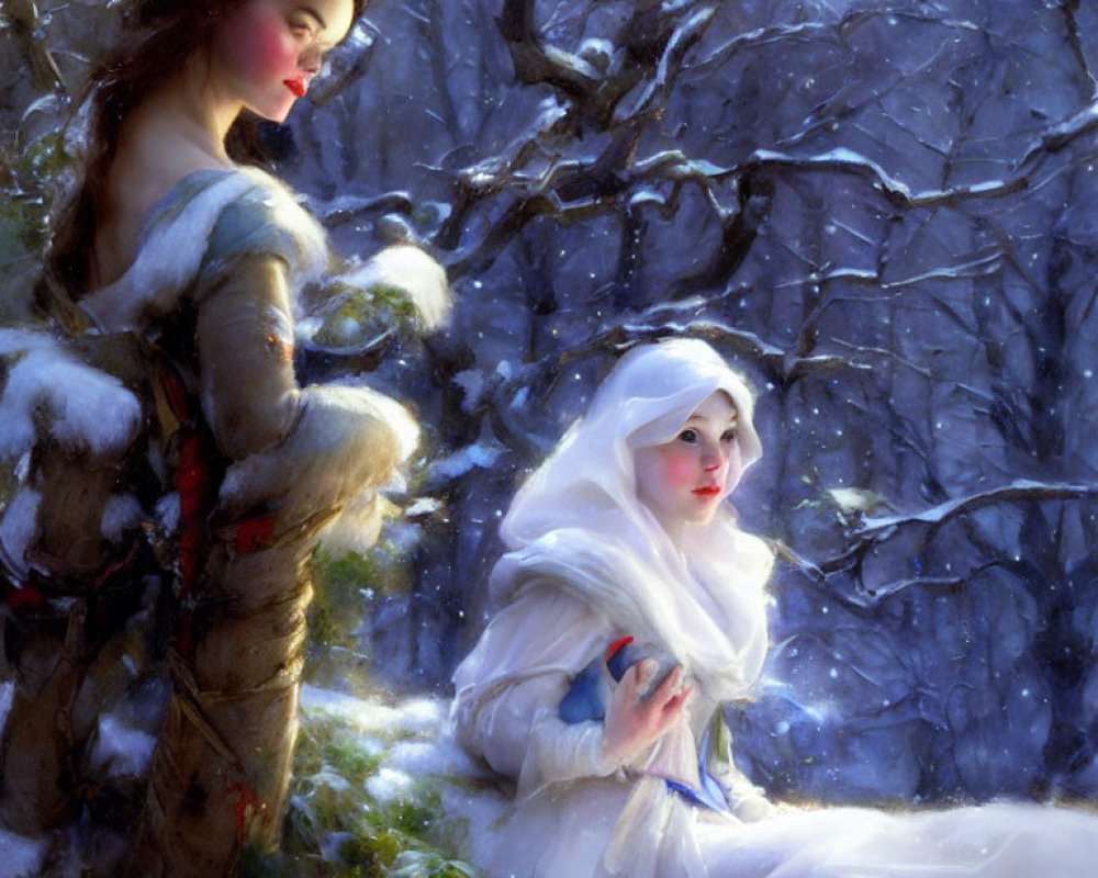 Two women in snowy landscape wearing traditional attire - one brunette with red ribbon, the other blonde with white