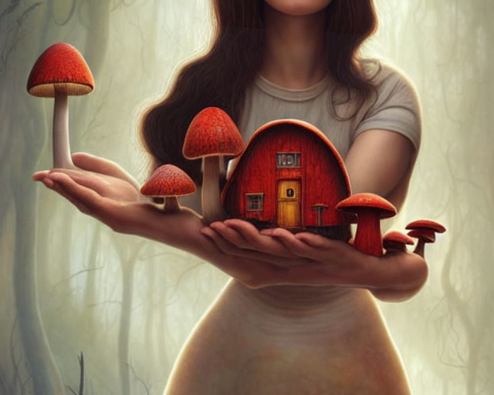 Surreal artwork of woman with mushroom cap head holding mushrooms in misty forest