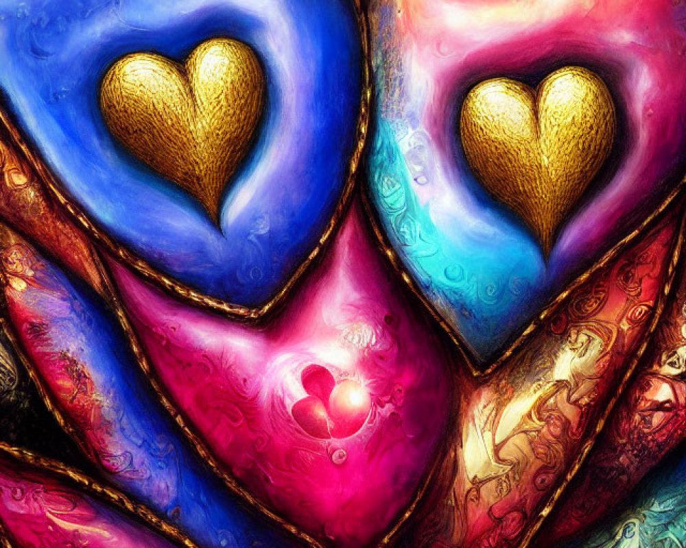 Colorful Artwork: Intertwining Hearts with Golden Inlays