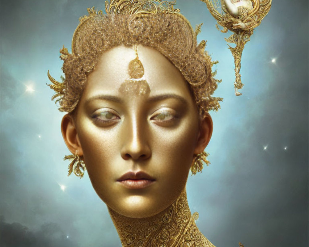 Digital art portrait of woman with golden headpiece and jewelry in mystical sky.