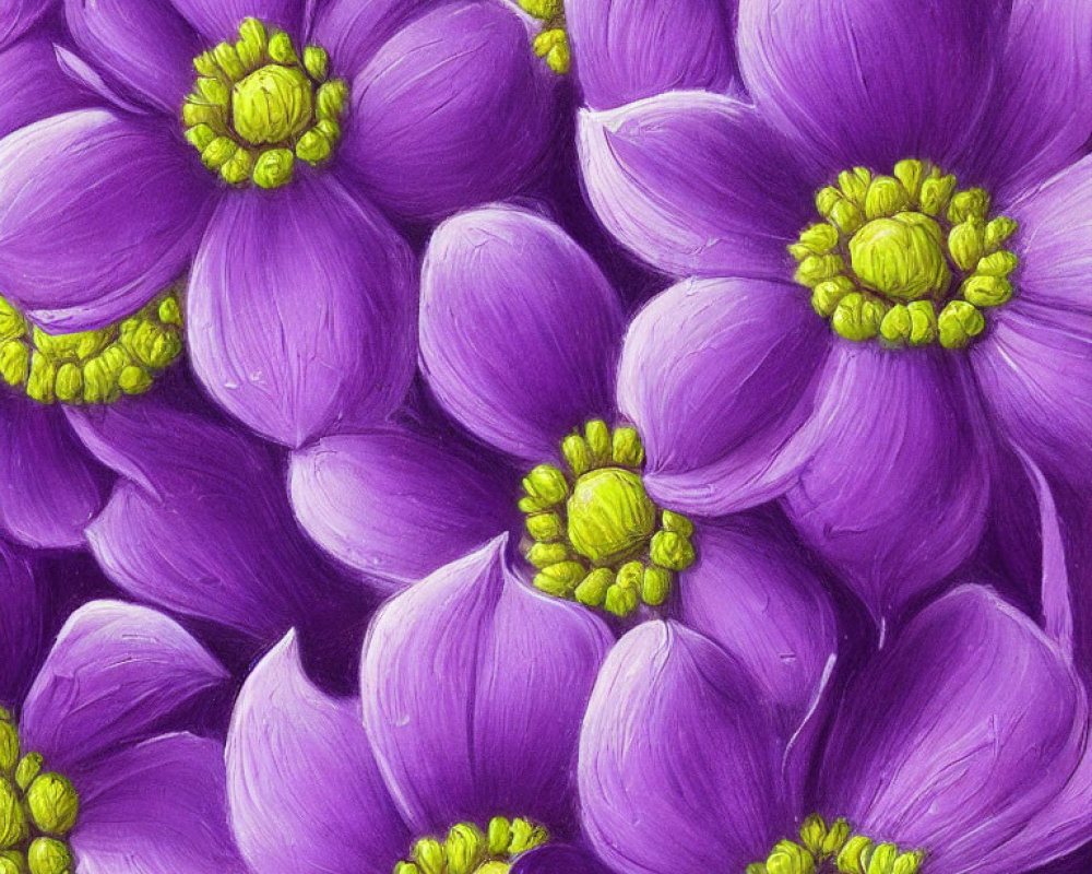 Detailed view of purple flowers with yellow-green centers and textured petals