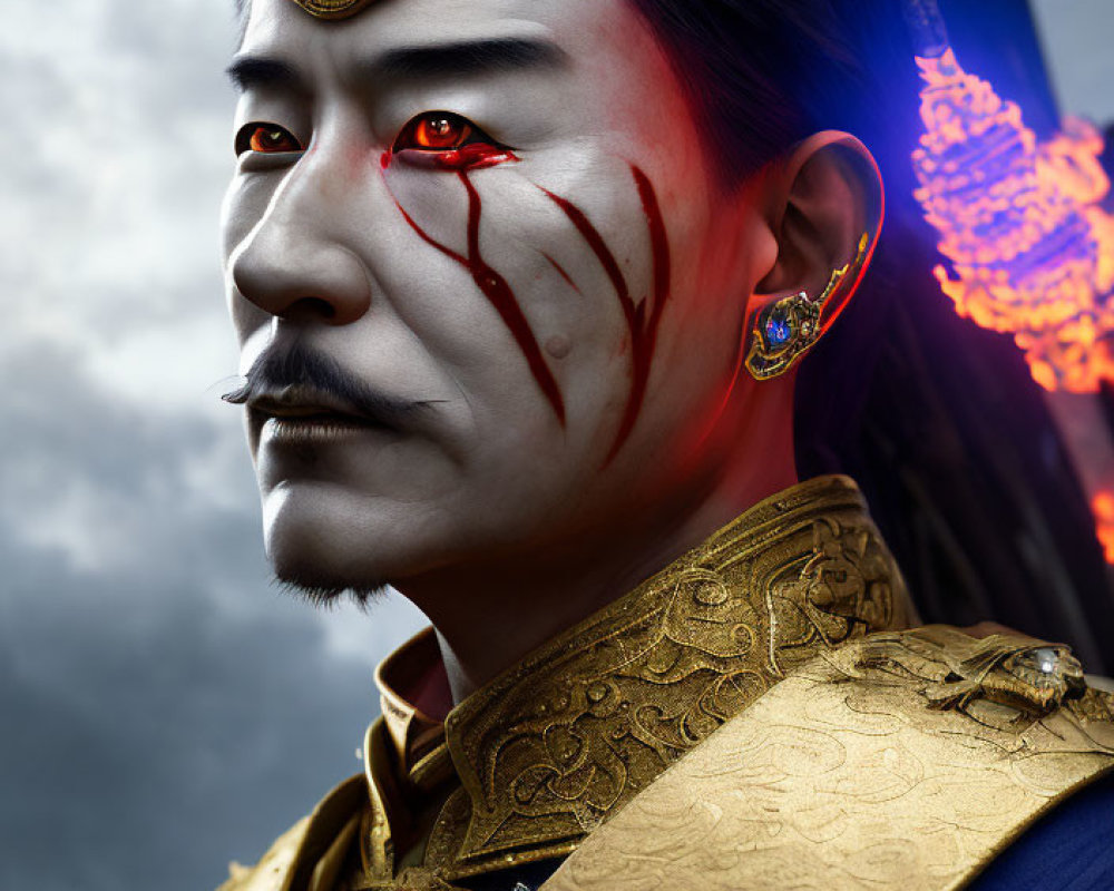 Digital artwork of male figure in East Asian attire with fiery crown and intense gaze under stormy sky