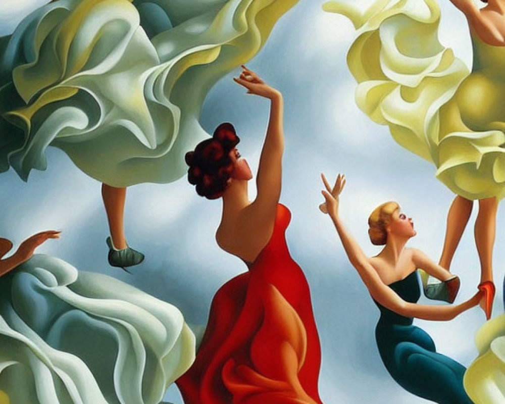 Stylized dance scene with three women in flowing dresses