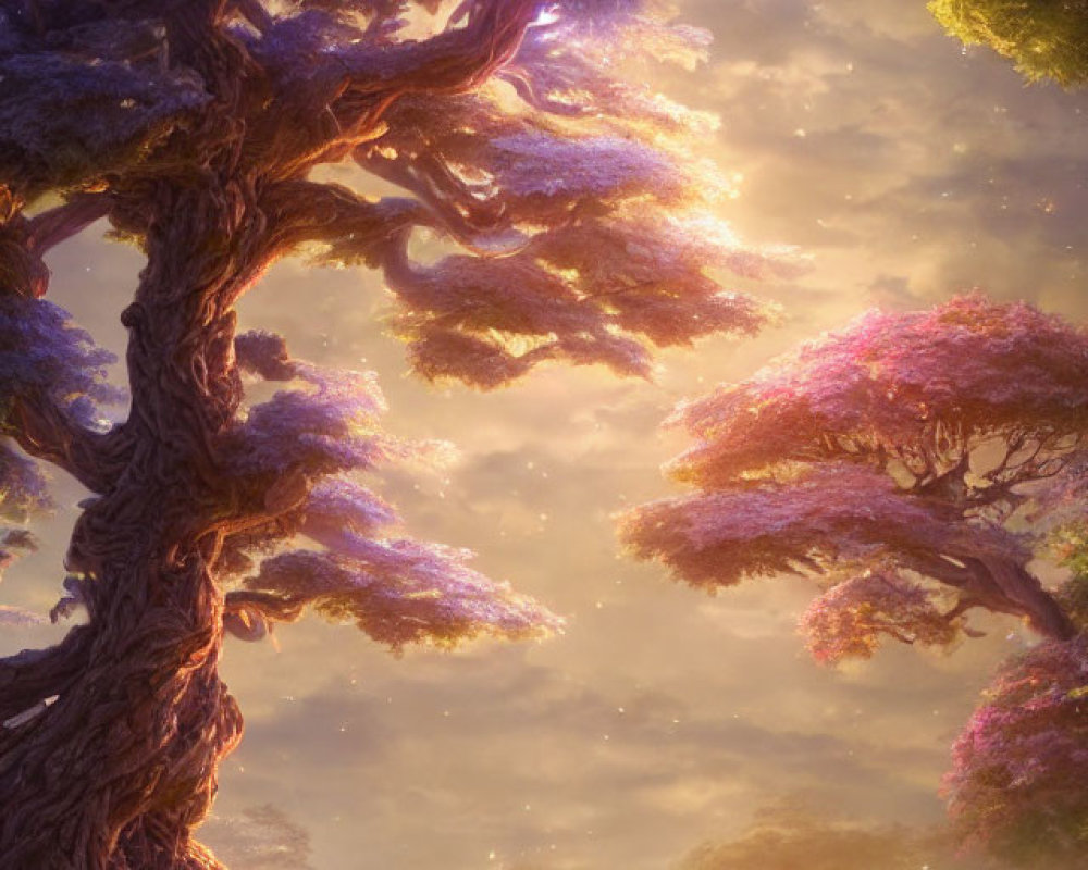 Vibrant purple and pink glowing trees in a fantastical landscape