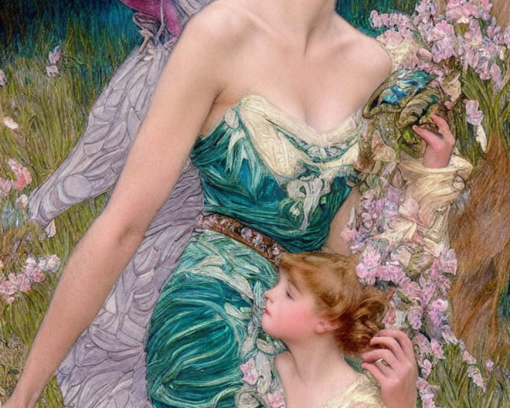 Vintage illustration of two ethereal women with angelic wings among blooming flowers.