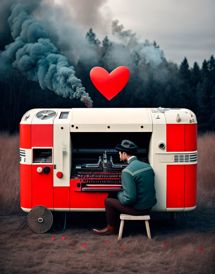 Person in hat plays piano in whimsical vintage toaster-shaped vehicle in forest with floating heart.