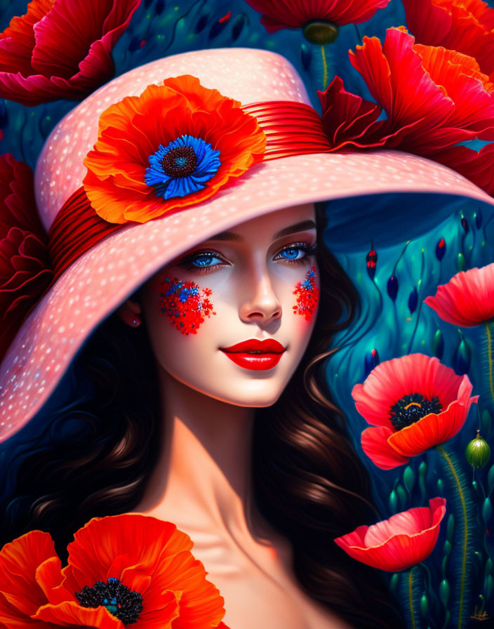 Woman with Blue Eyes in Pink Hat Surrounded by Red Poppies