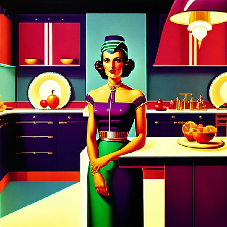 Colorful woman in retro kitchen with modernist design elements