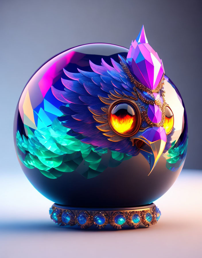 Colorful 3D spherical object with feather-like patterns and owl face