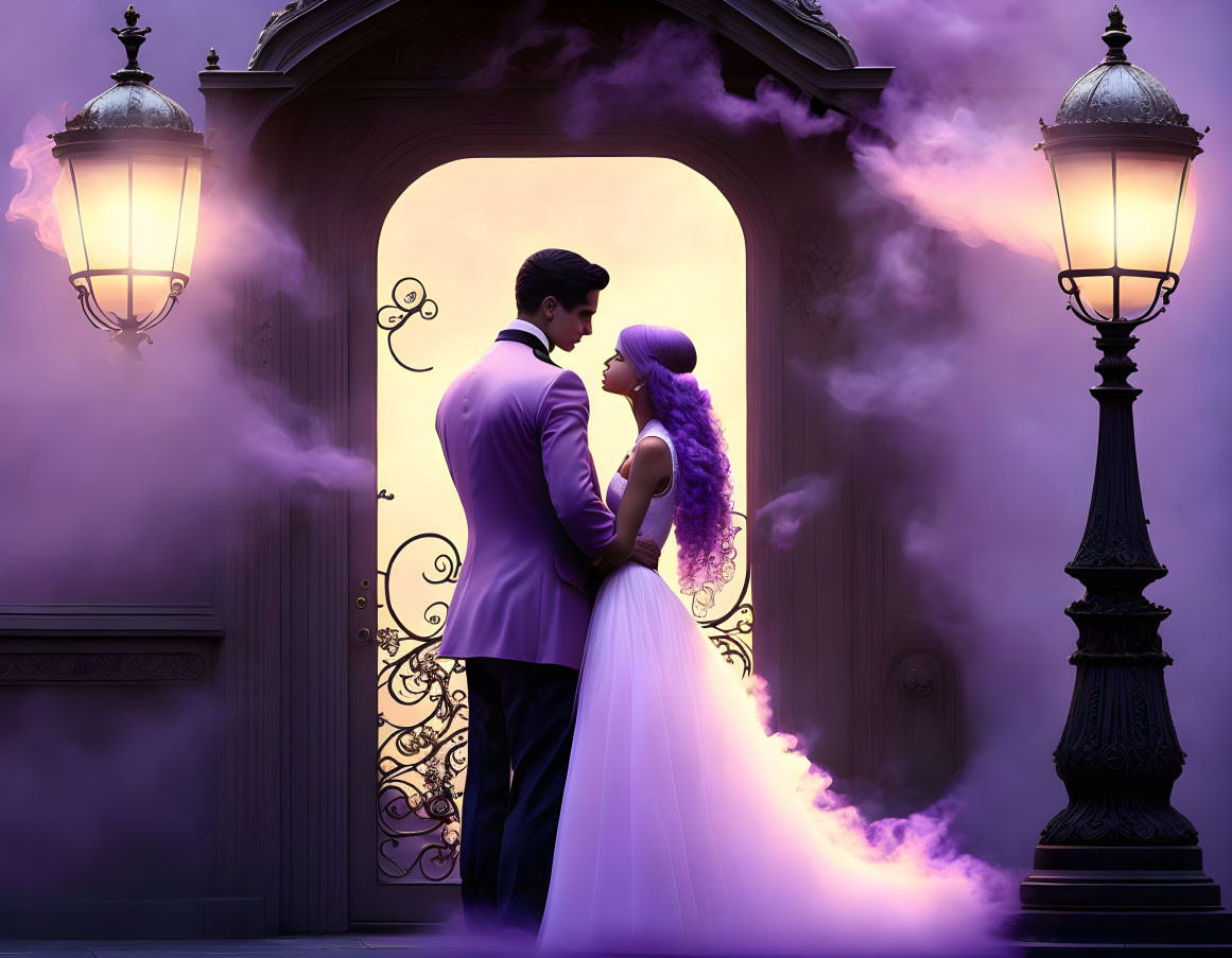 Romantic wedding couple under purple mist and street lamps