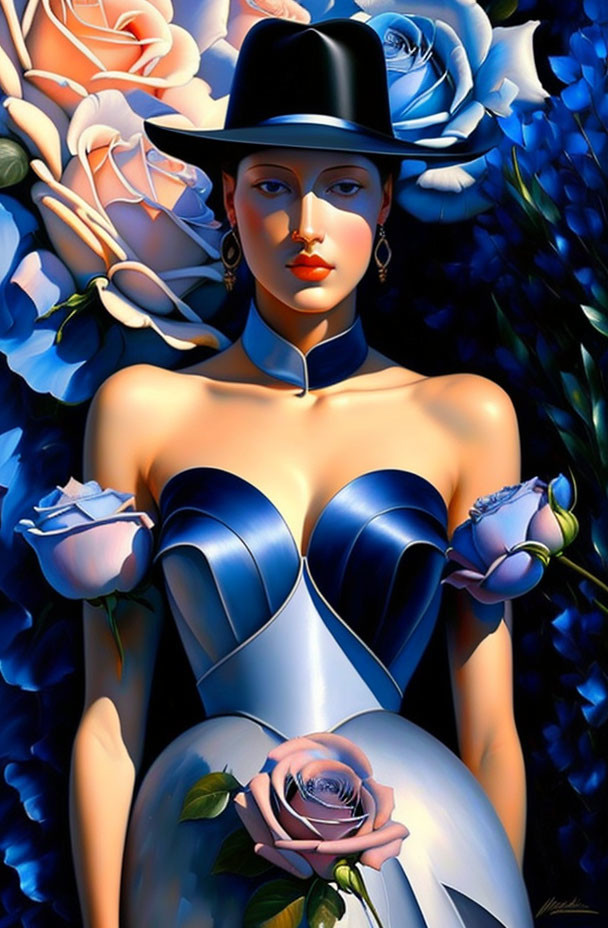 Stylized portrait of woman in black hat with blue corset and vibrant blue & pink roses