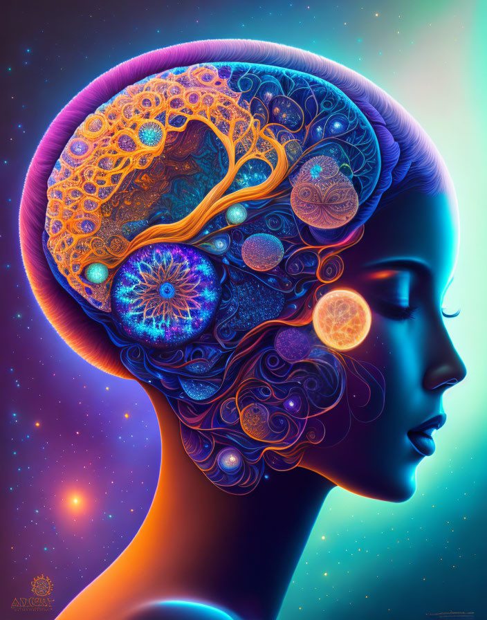 Colorful portrait of woman's profile with cosmic brain and ornate patterns