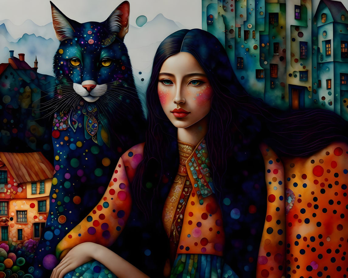 Colorful illustration: Woman with dark hair and blue-patterned cat in whimsical cityscape