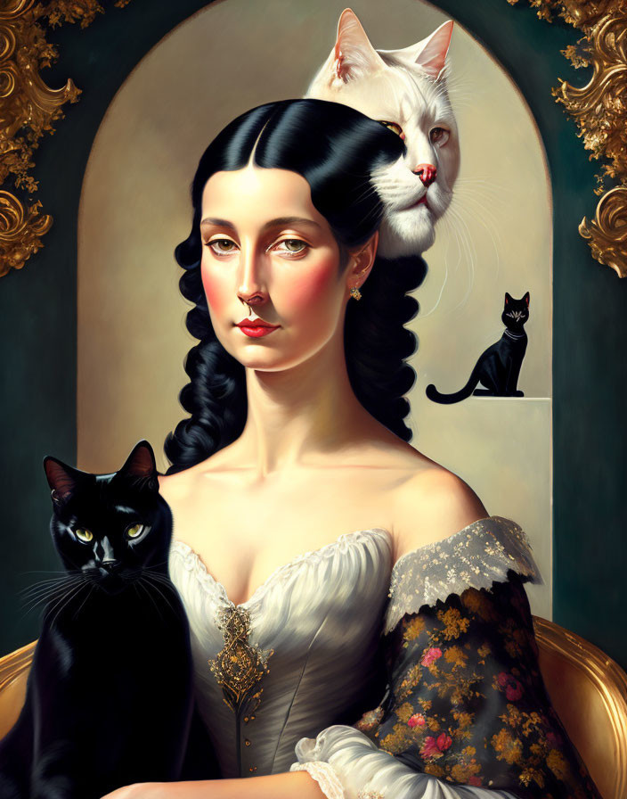 Dark-haired woman in vintage dress with white and black cats on ornate background