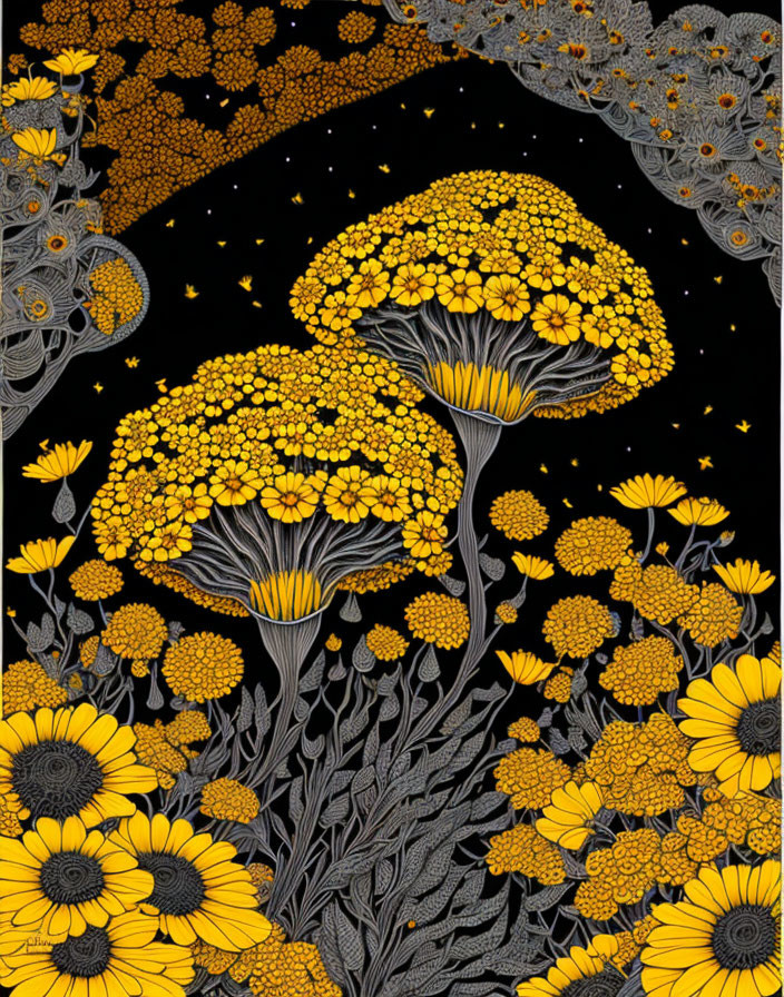 Whimsical mushroom illustration with yellow flower caps on starry night background