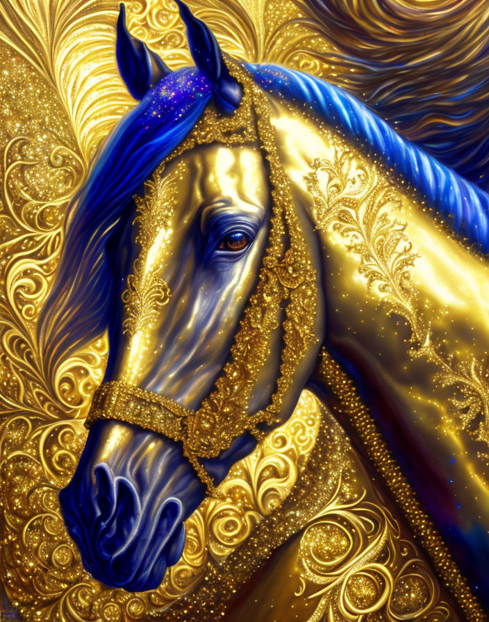 Majestic blue horse with golden embellishments on swirling background